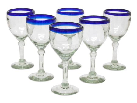 Acapulco Blue Rim Hand Blown Wine Goblet Glass Set Sale