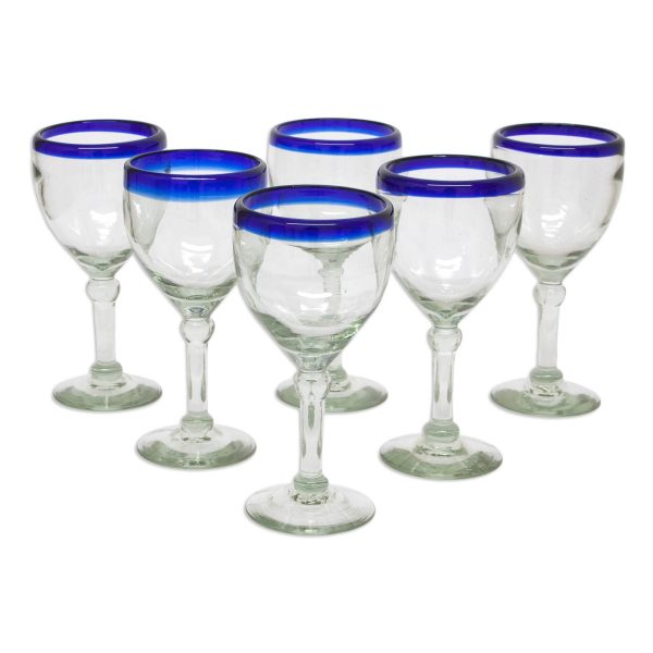 Acapulco Blue Rim Hand Blown Wine Goblet Glass Set Sale