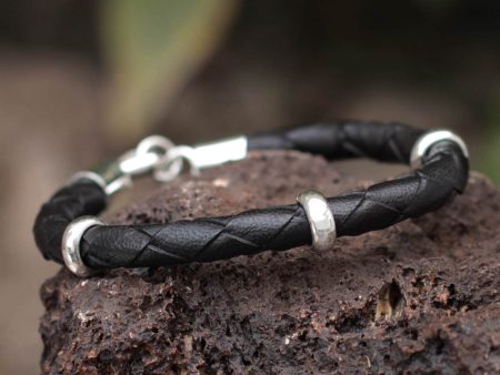 Men s Black Braided Leather Bracelet on Sale